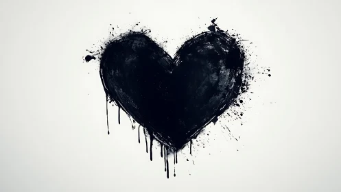 Black Heart with Dripping Ink on White Background