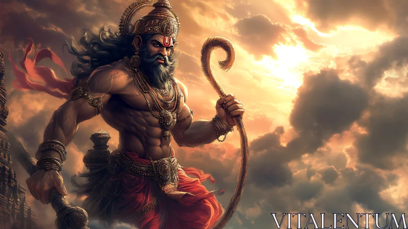 Mythic warrior deity in dramatic sunset digital painting.