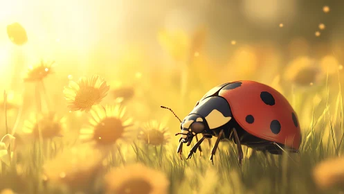 Sunlit ladybug crossing dewy meadow in soft bokeh glow.