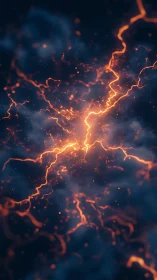 Orange plasma-like electrical arcs on dark cloudy field.