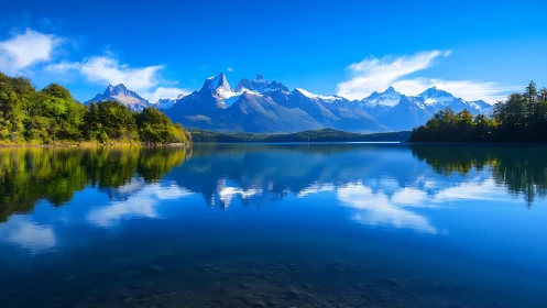 Gentle mountain lake reflecting bright skies and snowy peaks.