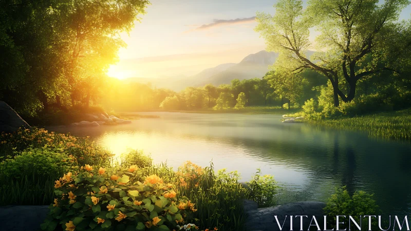 Golden sunrise over a gentle riverside garden glow.