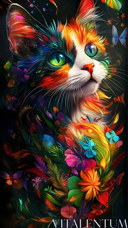 Chromatic Felid Portrait with Botanical Elements and Vibrant Gradient Composition
