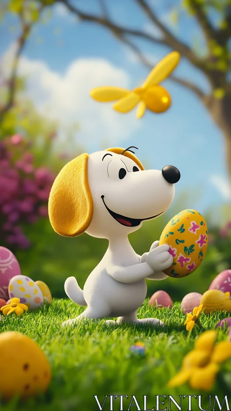 Joyful cartoon puppy celebrates a colorful Easter egg hunt.