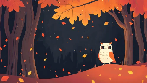 Night woods cradle a wide eyed owl beneath drifting ember leaves