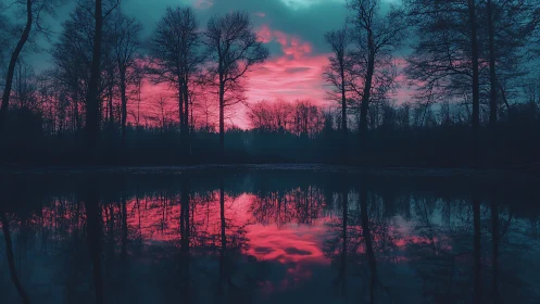Neon dusk forest mirrored over still reflective lake surface.
