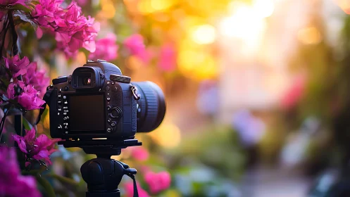 DSLR camera on tripod captures garden flowers at sunset