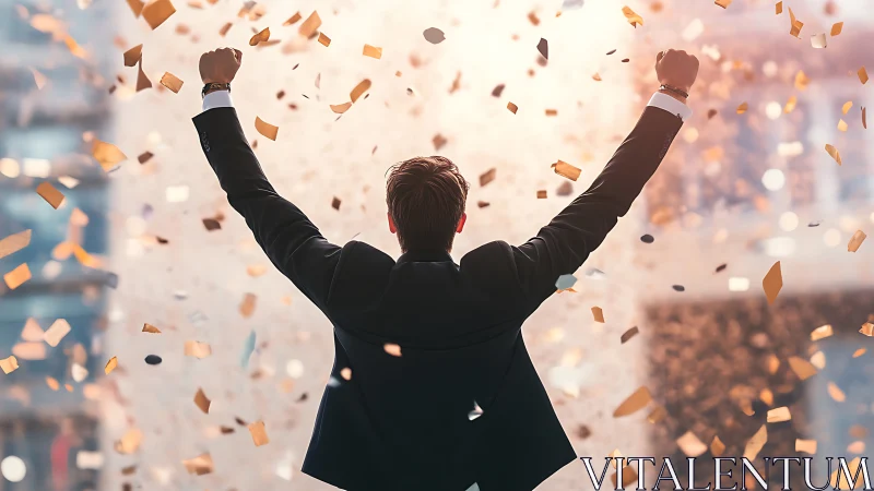 Executive Victory Gesture: Rear-View Silhouette with Gold Confetti Cascade