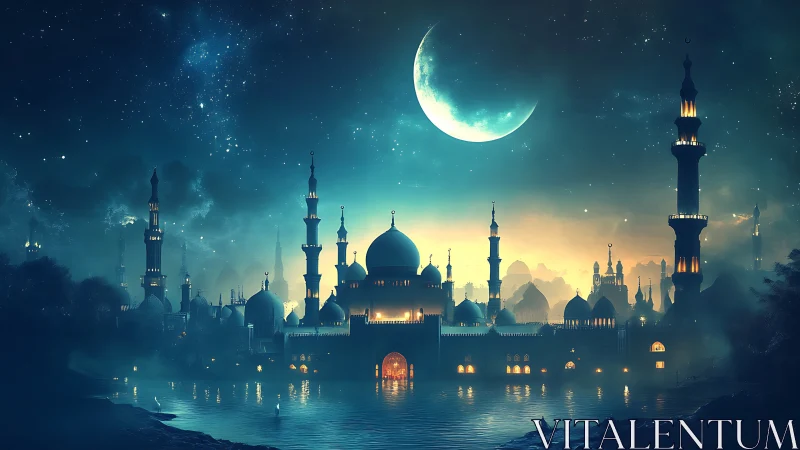 Moonlit fantasy mosque skyline glows over misty water