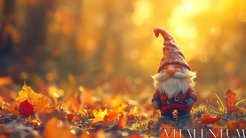 Autumn dusk gnome basking in golden leaflit wonderland.