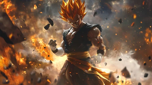 Explosive anime warrior rendered amid burning debris cloud