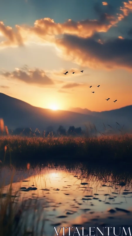 Sunset light reflects across wetland water and distant hills