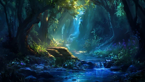 Enchanted Forest Cavern with Bioluminescent Waterfall.