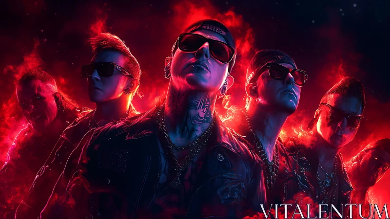 Rock band portrait in red smoke with intense lighting.