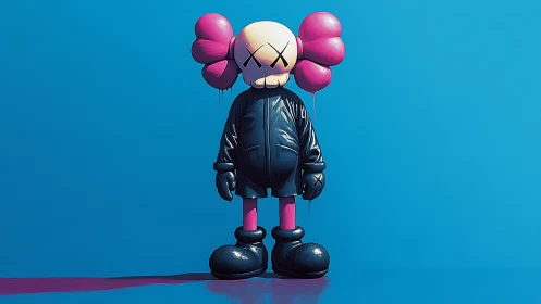 Cartoon vinyl figure with pink balloon ears on blue ground.