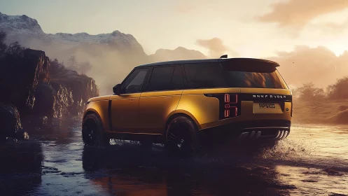 Golden SUV traverses reflective riverbed under volumetric sunset lighting