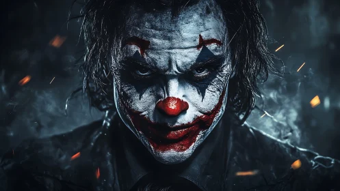 Sinister clown portrait with intense smoky cinematic lighting