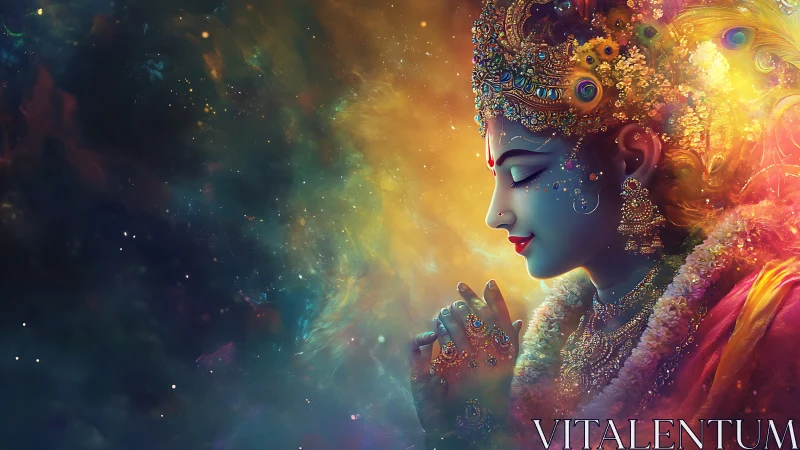 Digital painting depicts jeweled profile figure in nebula field