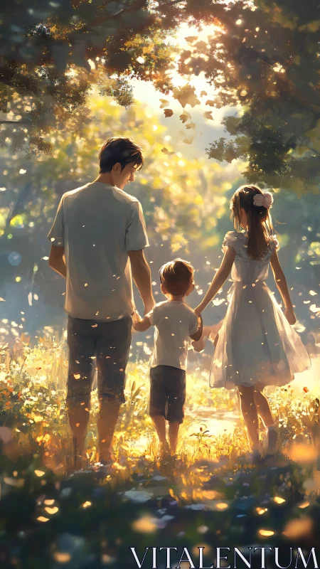 Three souls walk together through sunlit meadow's glowing embrace