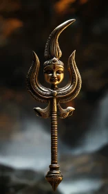 Bronze trident scepter with serene deity face and flame crest.