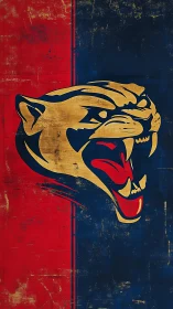 Roaring golden panther on split scarlet and midnight field.