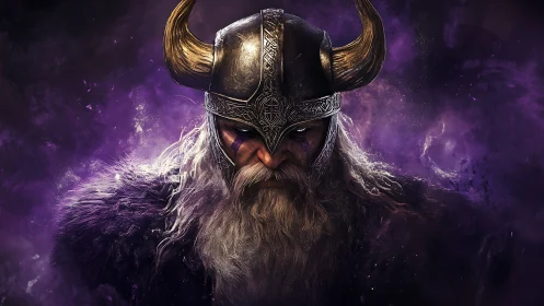 Helm-shadowed Viking warlord in luminescent violet stormfield.