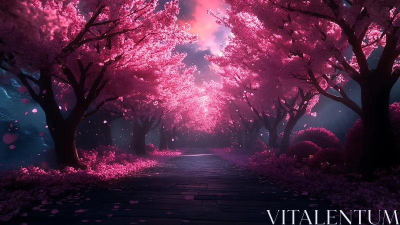 Luminescent cherry blossom avenue under ethereal dusk light