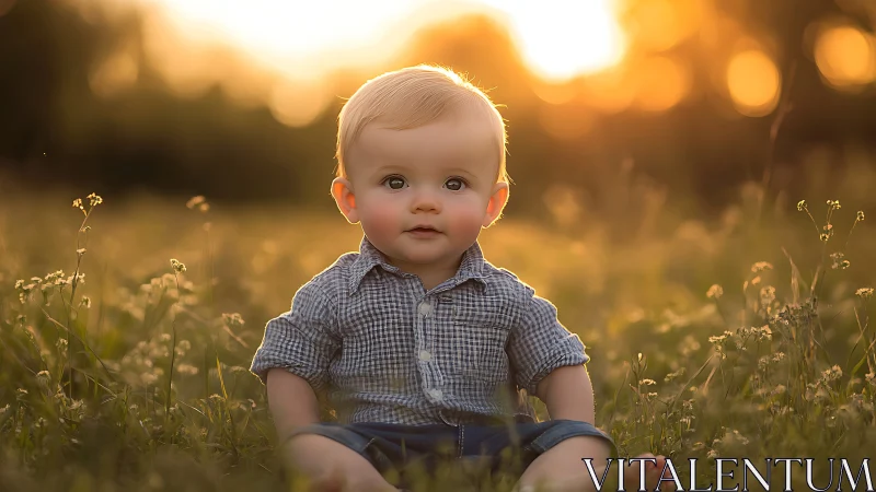 Toddler seated in field during golden hour light conditions.