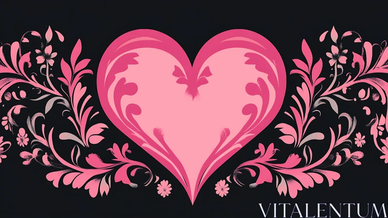 Ornamental Pink Heart with Flourishing Botanical Elements.