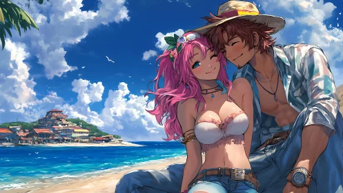 Sunlit anime couple share a tender moment on a tropical beach