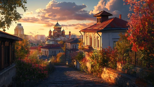 Sunlit old town street descends toward a golden domed skyline