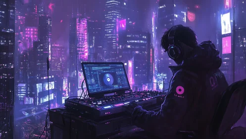 Neon rain DJ weaving midnight circuits above the city.