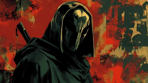 Hooded masked figure with sword against red abstract ground