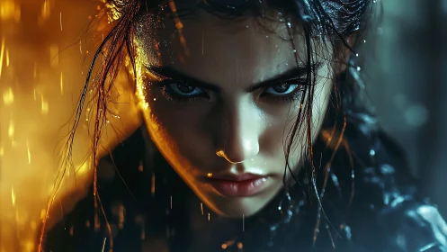 Wet-haired woman stares intensely into camera under rain