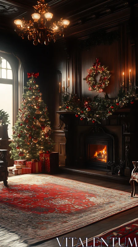Cozy Christmas parlor glowing with tree lights and fire.