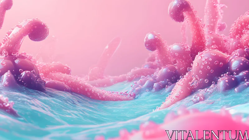 Surreal Pink and Blue Tentacle Landscape in Glossy 3D Art Style.