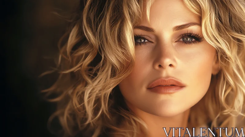 Soft-lit close-up portrait of blonde woman in warm tones.