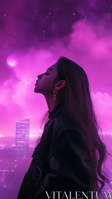 Side profile figure in violet cityscape under night sky.