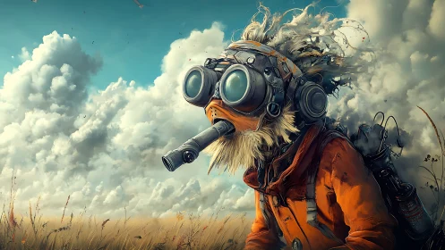 Postapocalyptic scout with gas mask crossing golden field.