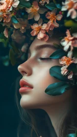 Dreamlike portrait of serene woman crowned in blossom bloom.