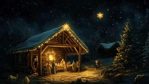 Nativity scene in snowy wooden stable under starry sky.