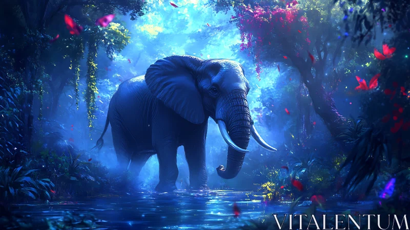 Majestic elephant walks through a glowing enchanted jungle