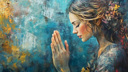 Serene woman in prayer amid textured teal abstraction.