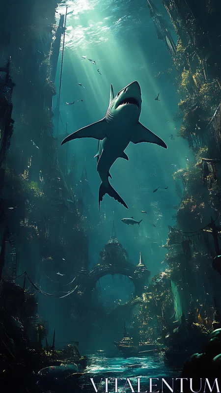 Great white shark over submerged neo-gothic ruined cityscape
