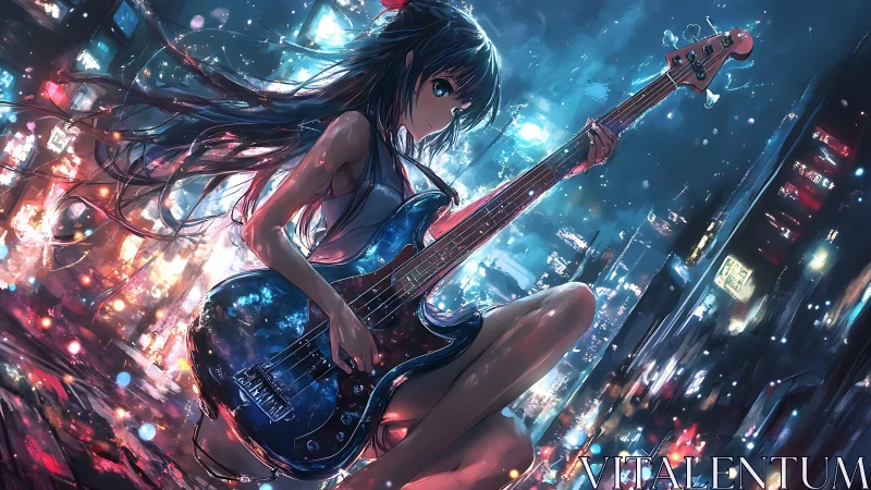 Female guitarist with bass in illuminated night cityscape.