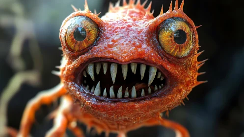 Bug-eyed orange critter grinning with wild jagged teeth.