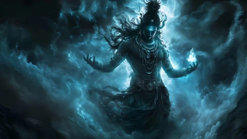 Mystical blue deity strides through swirling storm clouds