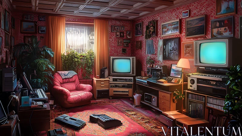 Retro gaming den with analog televisions and warm sunset glow.