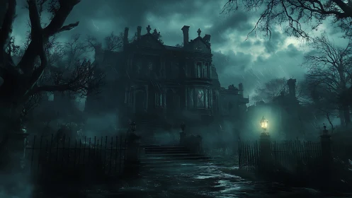 Stormy night view of decayed gothic mansion facade.