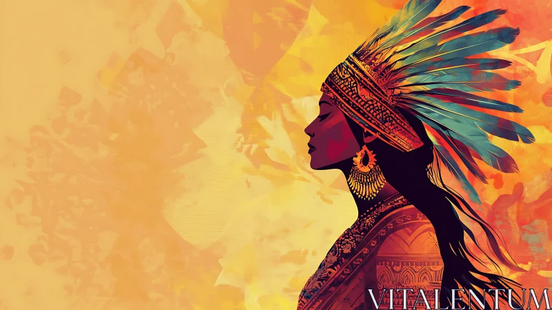 Profile portrait of regal woman in feathered headdress.